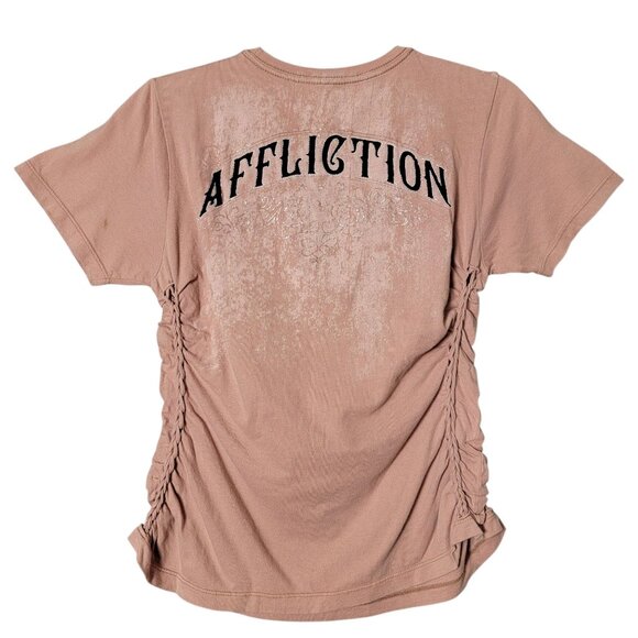 Affliction Womens Alchemy Foiled Velvet Graphic Spellout Braided Sides Shirt Med - Picture 3 of 11